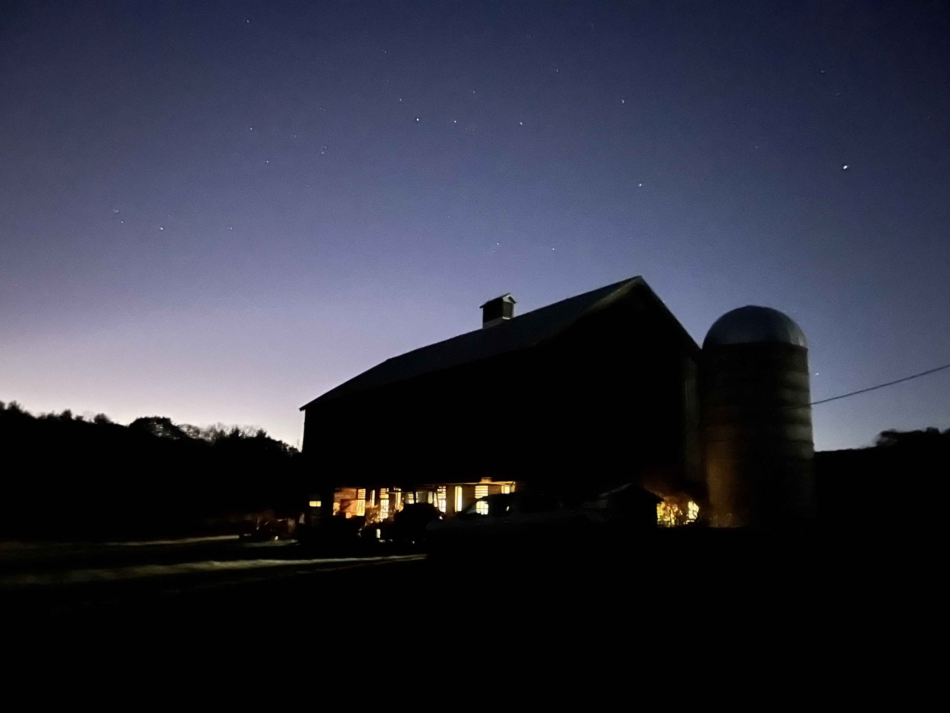 The 1877 barn at 3 Bears Farm at night